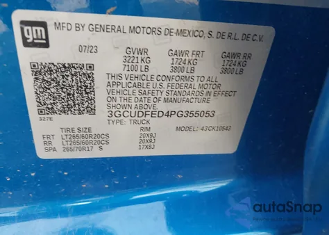 2023 Chevrolet Silverado 1500 4Wd Short Bed Lt Trail Boss z USA, uszkodzony, nr VIN 3GCUDFED4PG355053